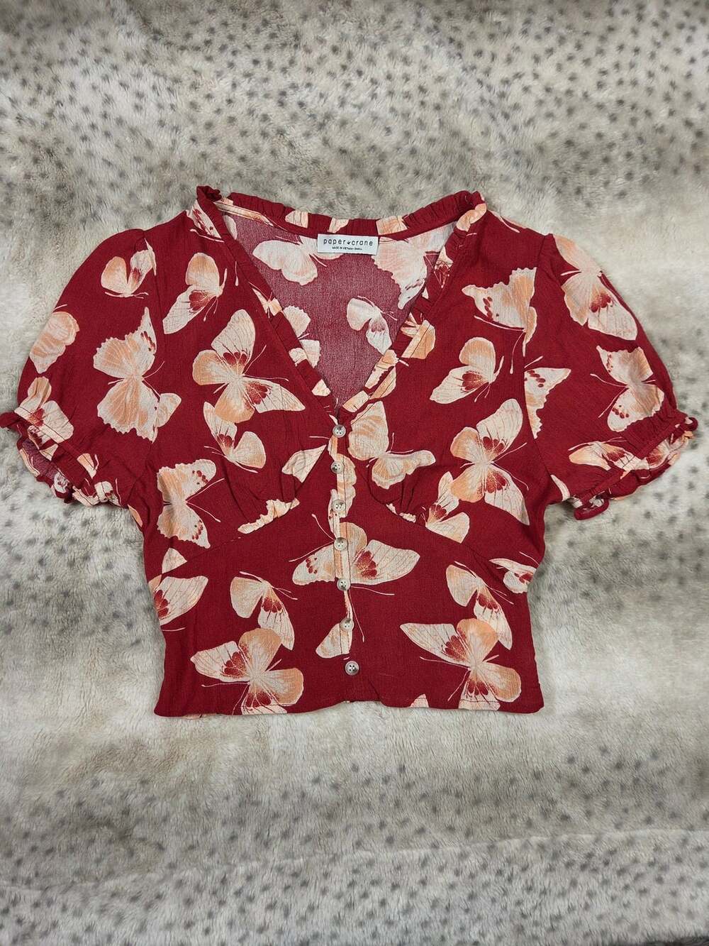 Paper Crane Red Butterfly Print V-Neck Crop Top with Smocked Back Waist, Size S